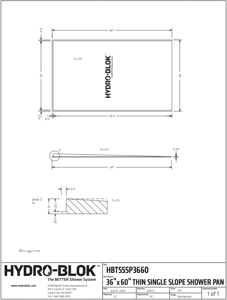 36x60 Single Slope Shower Pan - Hydroblok