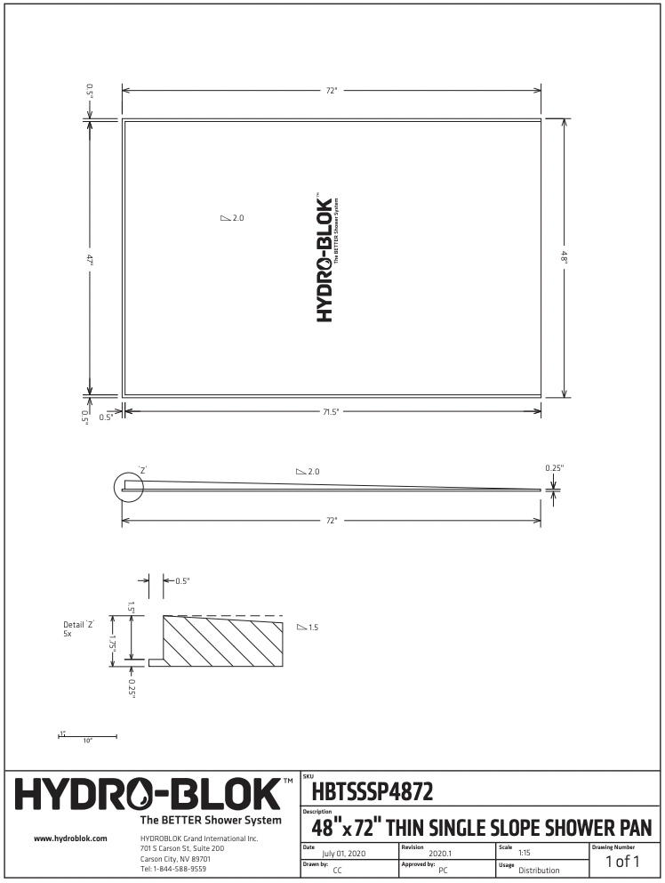 36x60 Single Slope Shower Pan - Hydroblok