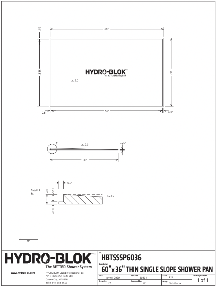 36x60 Single Slope Shower Pan - Hydroblok