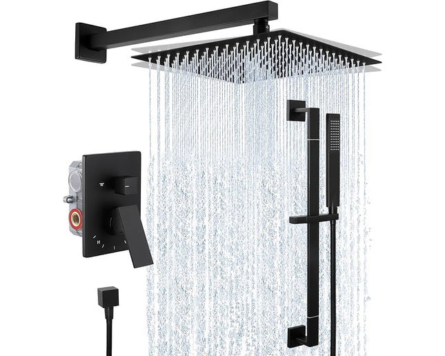 KES Shower Faucets Sets Complete 12-Inch Rain Shower Head with Handheld Spray Shower Slide Bar Including Rough-in Valve and Trim Kit Matte Black,&nbsp;