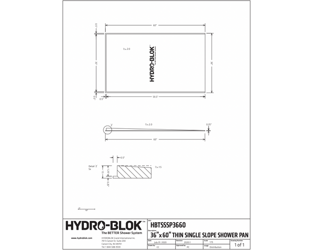 36x60 Single Slope Shower Pan - Hydroblok