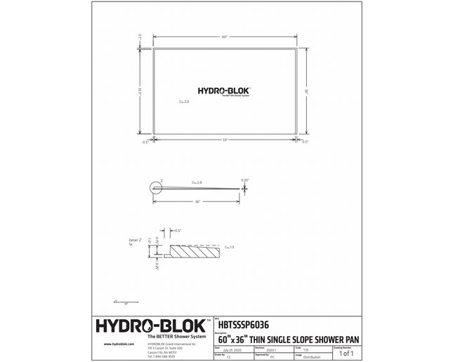 36x60 Single Slope Shower Pan - Hydroblok